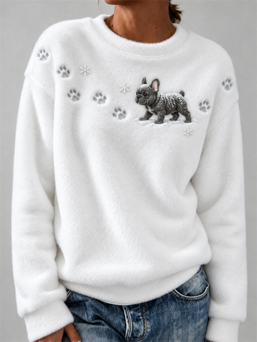 Women's French Bulldog in the Snow Paw Prints & Snowflakes Print Cozy Flannel Sweatshirt gracestitchs