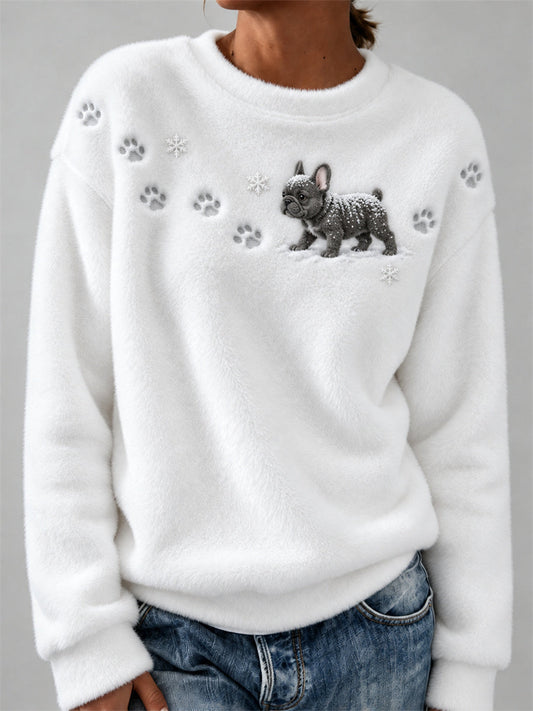 Women's French Bulldog in the Snow Paw Prints & Snowflakes Print Cozy Flannel Sweatshirt gracestitchs