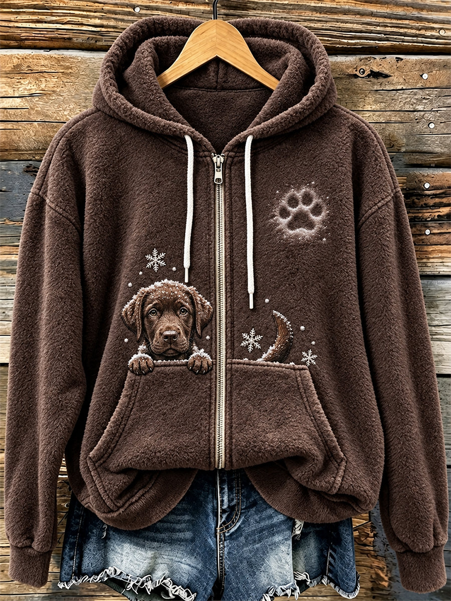 Women's Cute Peeking Chocolate Labrador Retriever Dog & Paw Print Cozy Flannel Jacket gracestitchs