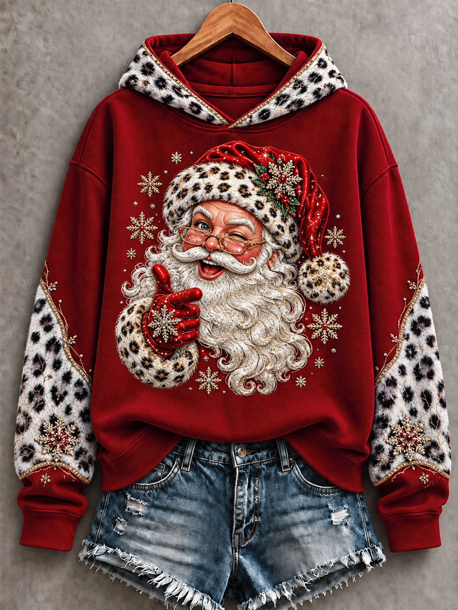 Women's Christmas Santa Claus Leopard Print Casual Hoodie gracestitchs