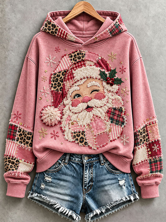 Women's Pink Santa Patchwork Art Hoodie gracestitchs