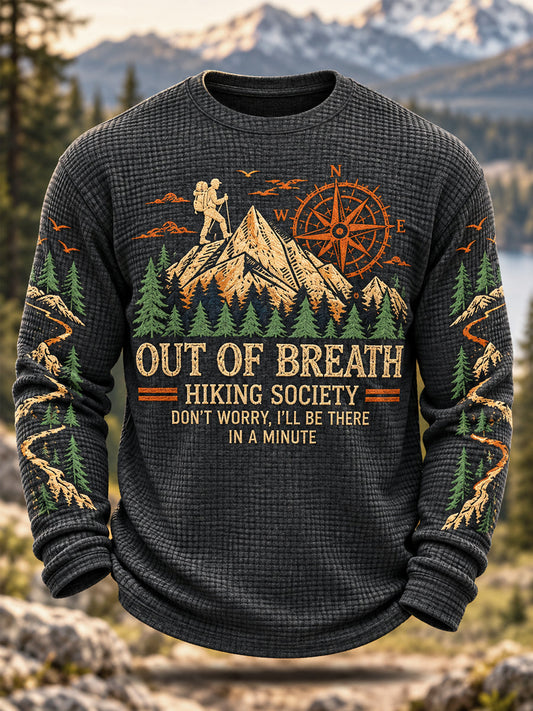 Men's Funny Out Of Breath Hiking Society Print Hike Lovers Casual Waffle Long Sleeve T-Shirt gracestitchs