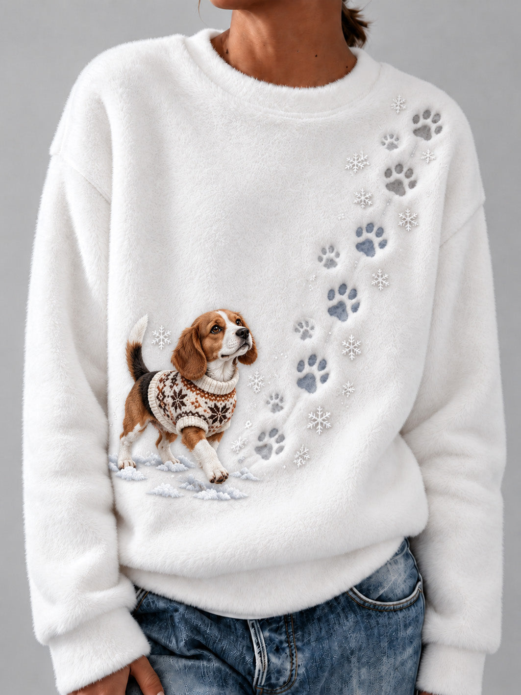 Women's Winter Snowy Beagle Pattern Casual Flannel Sweatshirt gracestitchs
