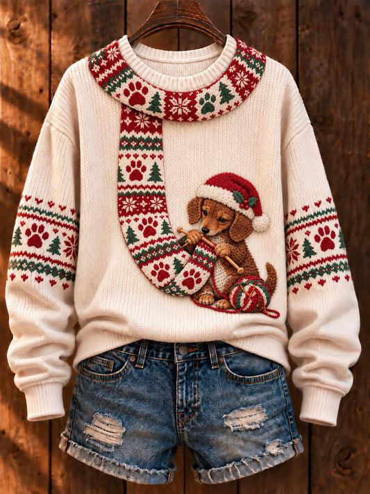 Women's Christmas 'Dachshund Knitting a Scarf' Printed Casual Sweater gracestitchs