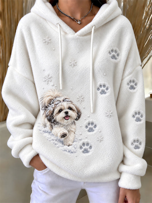 Women's Shih Tzu Dog Walking in the Snow Paw Prints & Snowflakes Print Flannel Hoodie gracestitchs