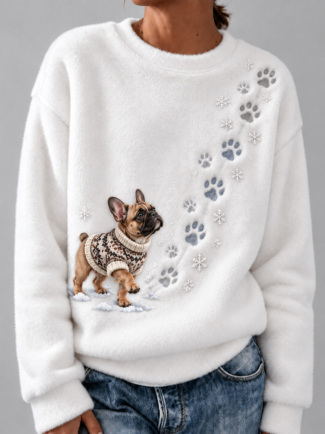 Women's Winter Snowy French Bulldog Pattern Casual Flannel Sweatshirt gracestitchs