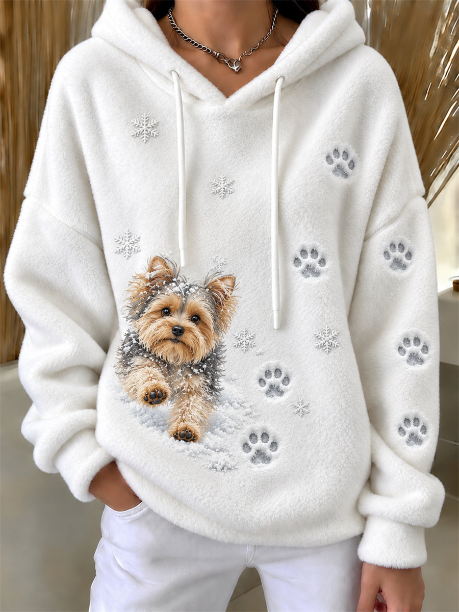 Women's Yorkie Dog Walking in the Snow Paw Prints & Snowflakes Print Flannel Hoodie gracestitchs