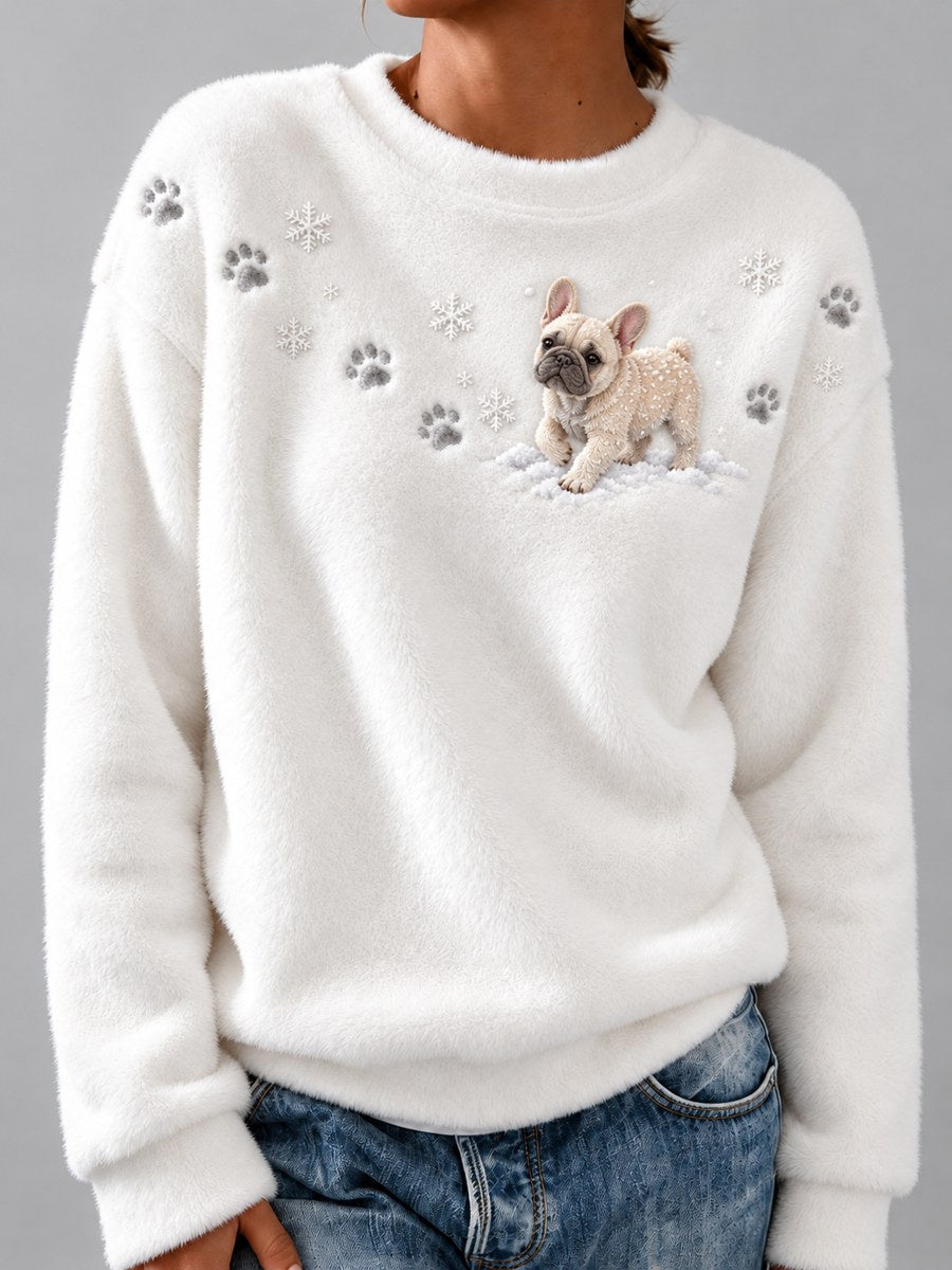 Women's French Bulldog in the Snow Paw Prints & Snowflakes Print Flannel Sweatshirt gracestitchs