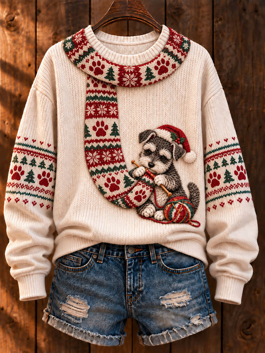Women's Christmas 'Schnauzer Knitting a Scarf' Printed Casual Sweater gracestitchs
