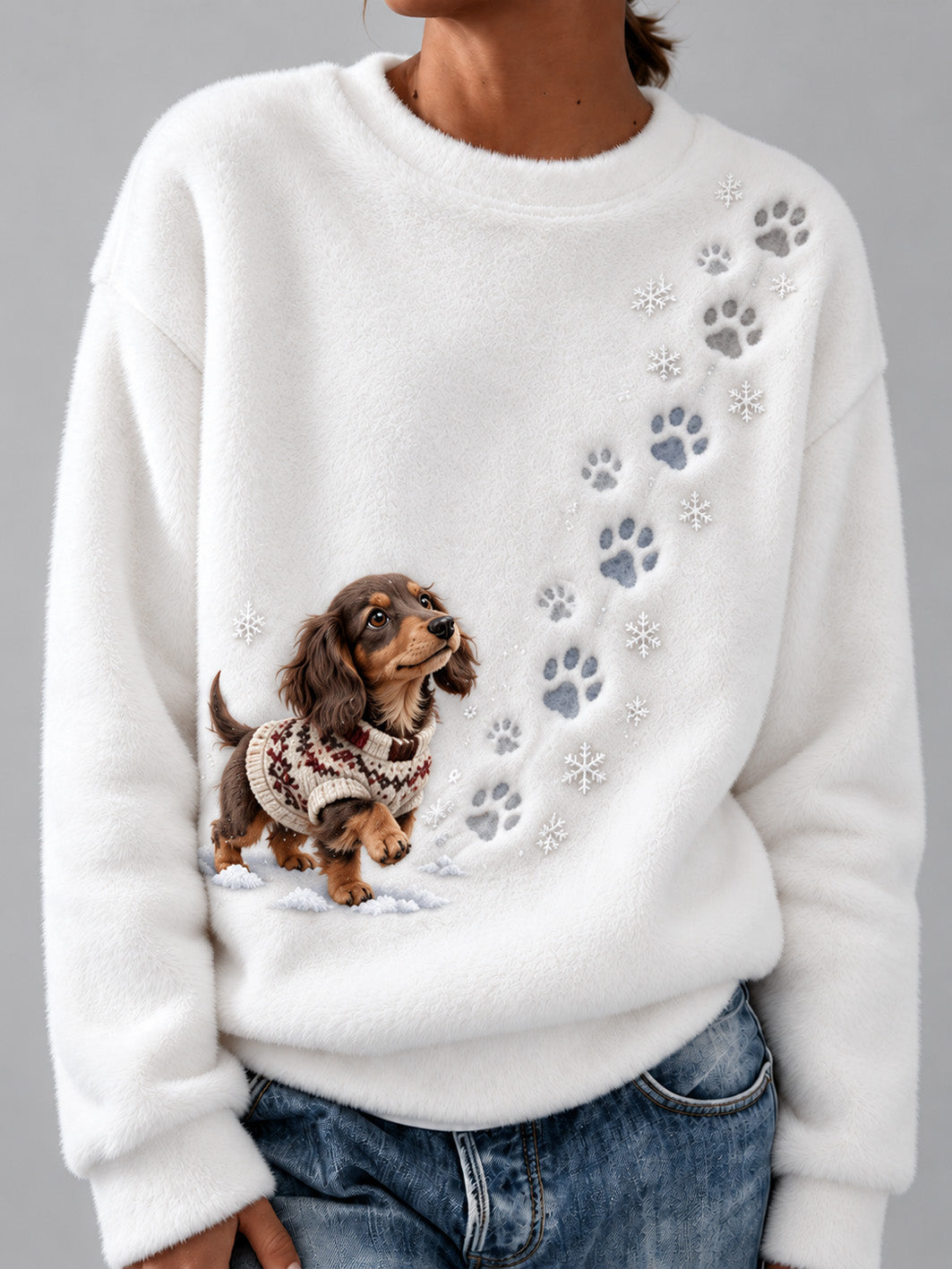 Women's Winter Snowy Dachshund Pattern Casual Flannel Sweatshirt gracestitchs