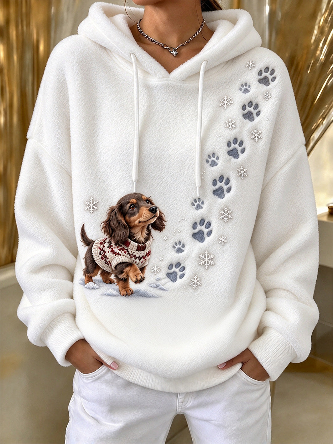 Women's Dachshund Pattern Causal Flannel Hoodie gracestitchs