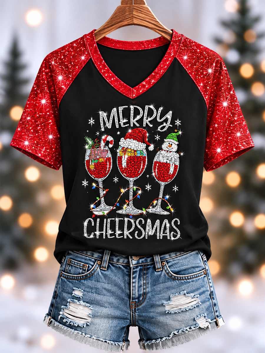 Women's Funny Christmas Merry Cheersmas Red Wine Glas Print Casual V-Neck Tee gracestitchs