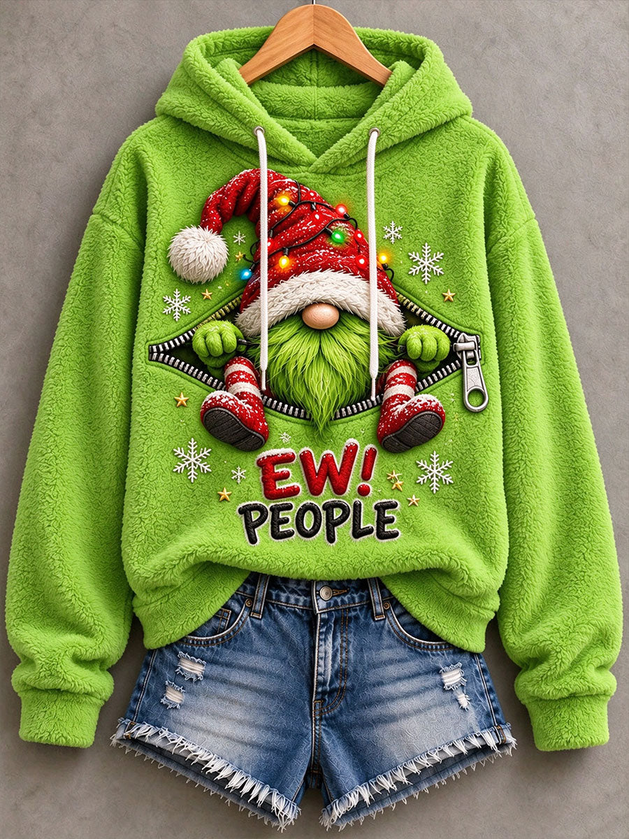 Women's Ew People Gnome Print Flannel Hoodie gracestitchs