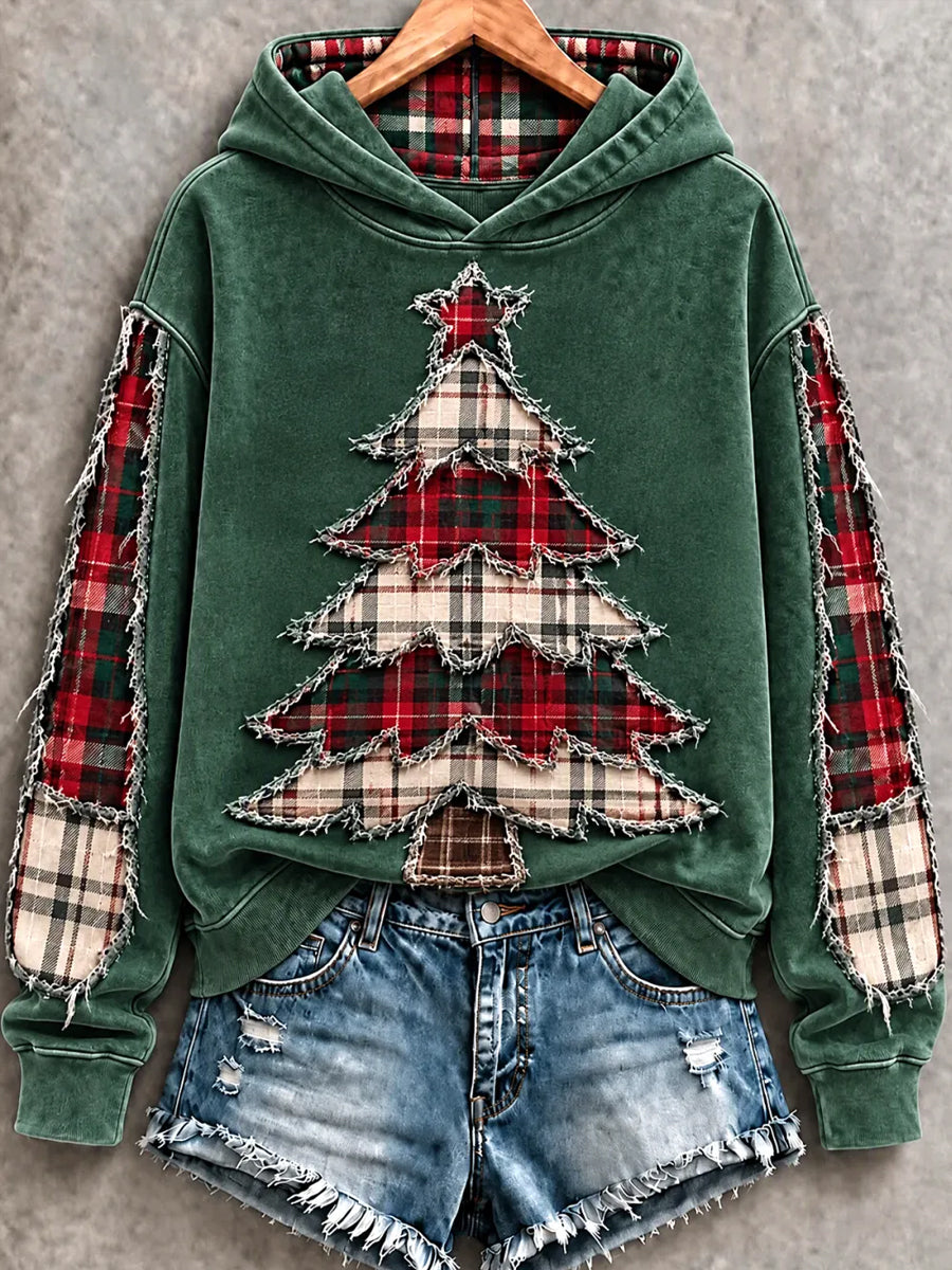 Women's Vintage Christmas Tree Art Printed Hoodie gracestitchs