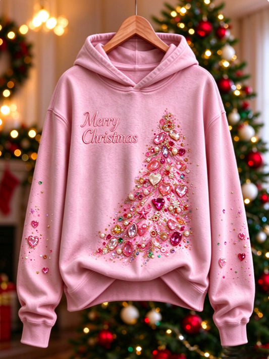Women's Pink Christmas Tree Hoodie gracestitchs