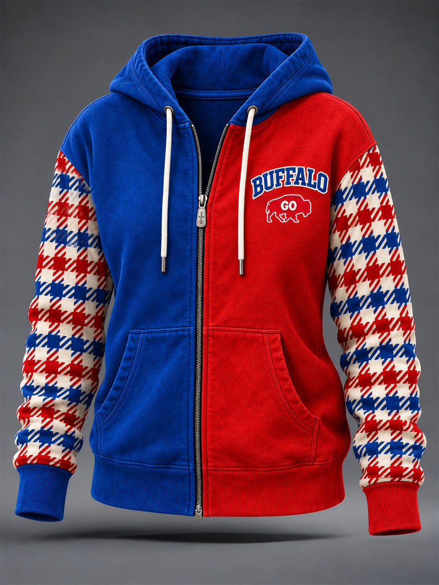 Women's Football Lover Buffalo Print Casual Zip-Up Hoodie gracestitchs