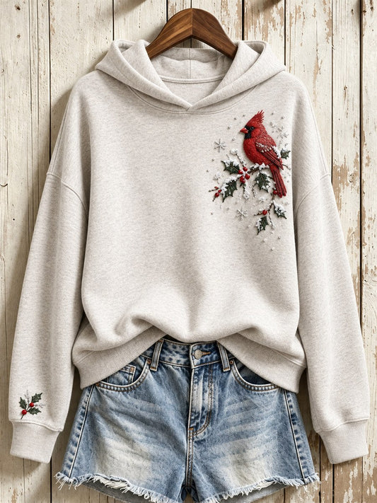 Women's Snowy Winter Red Cardinal On Branch Print Hoodie gracestitchs