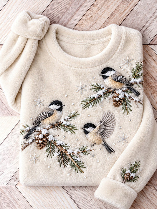 Women's Snowy Winter Black-capped Chickadee On Branch Print Flannel Sweatshirt gracestitchs