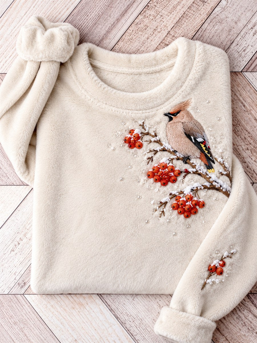 Women's Snowy Winter Bohemian Waxwing On Branch Print Flannel Sweatshirt gracestitchs