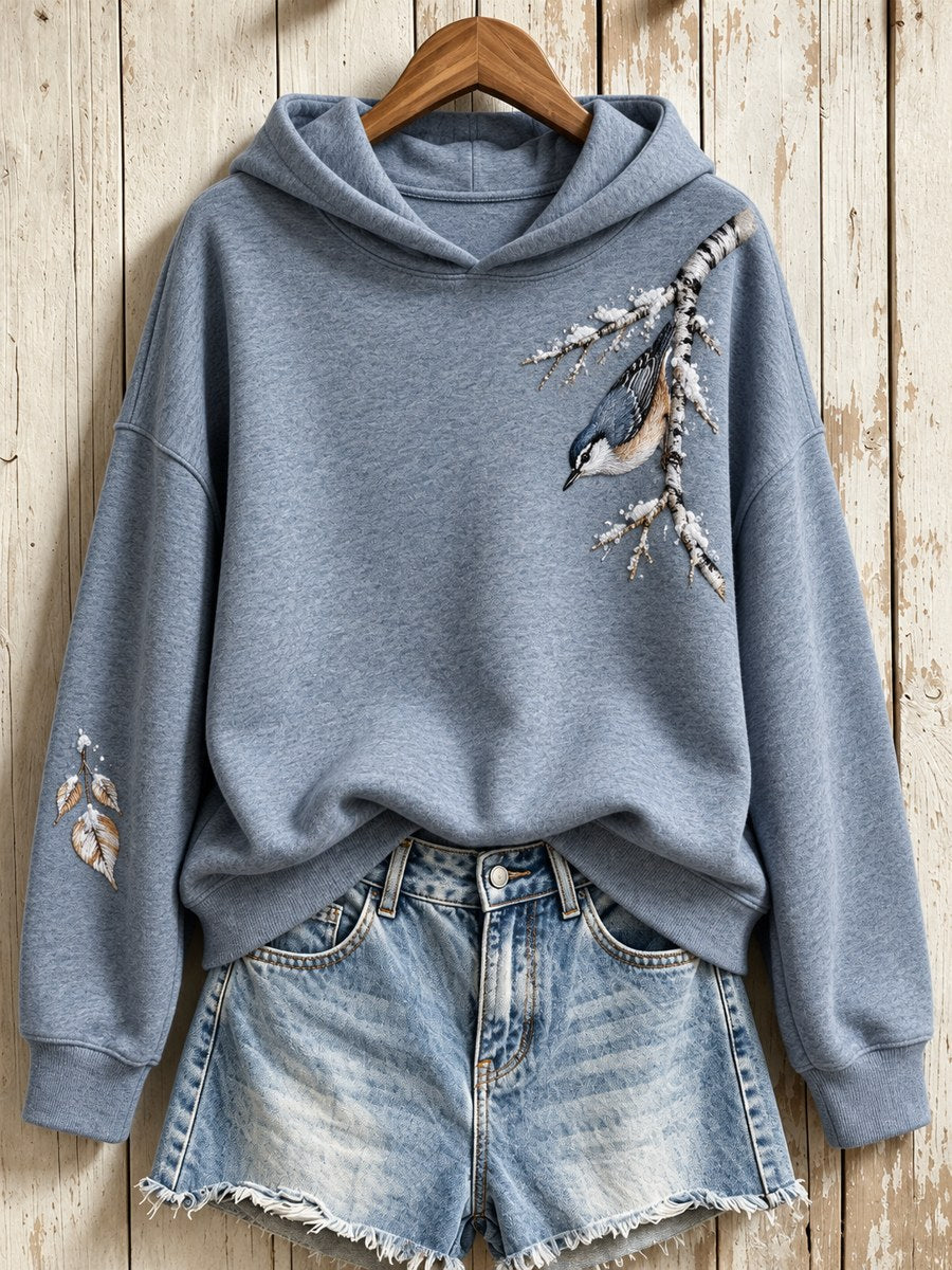 Women's Snowy Winter Red-breasted Nuthatch On Branch Print Hoodie gracestitchs
