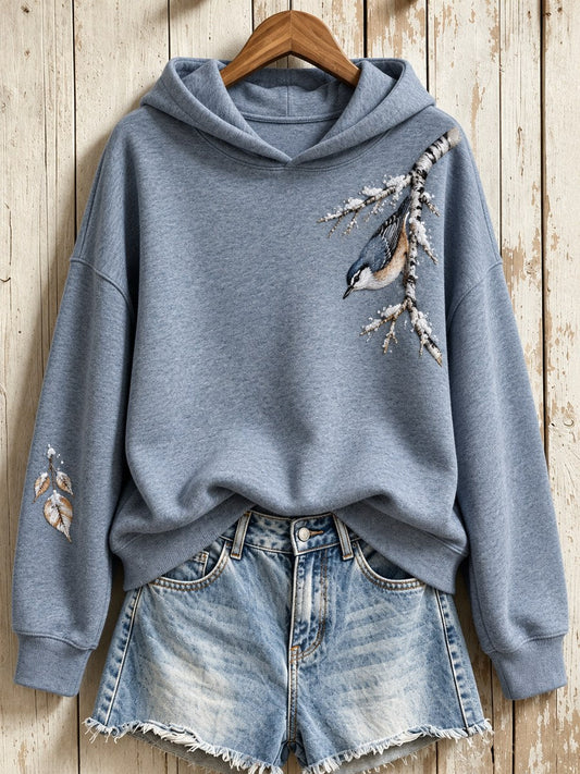 Women's Snowy Winter Red-breasted Nuthatch On Branch Print Hoodie gracestitchs