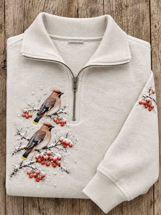 Women's Snowy Winter Bohemian Waxwing On Branch Print Zip Up Sweatshirt gracestitchs