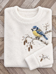 Women's Snowy Winter Blue Tit On Branch Print Flannel Sweatshirt gracestitchs