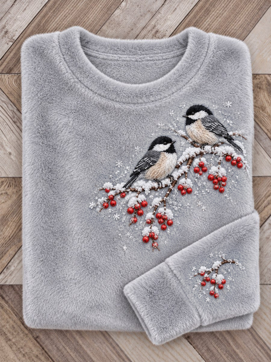 Women's Snowy Winter Black-capped Chickadee On Branch Print Flannel Sweatshirt gracestitchs