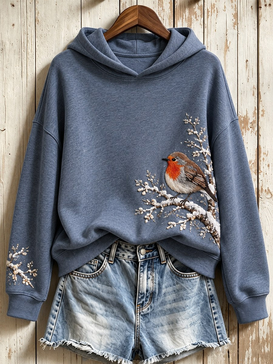 Women's Snowy Winter European Robin On Branch Print Hoodie gracestitchs