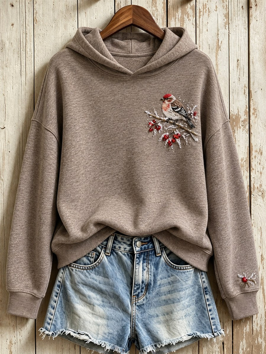 Women's Snowy Winter Common Redpoll On Branch Print Hoodie gracestitchs