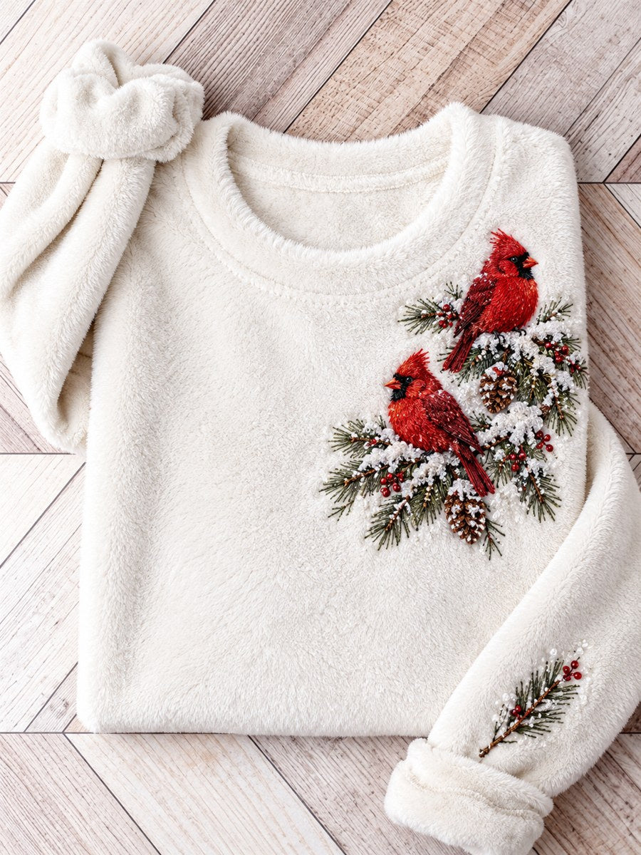 Women's Snowy Winter Red Cardinals On Branch Print Flannel Sweatshirt gracestitchs