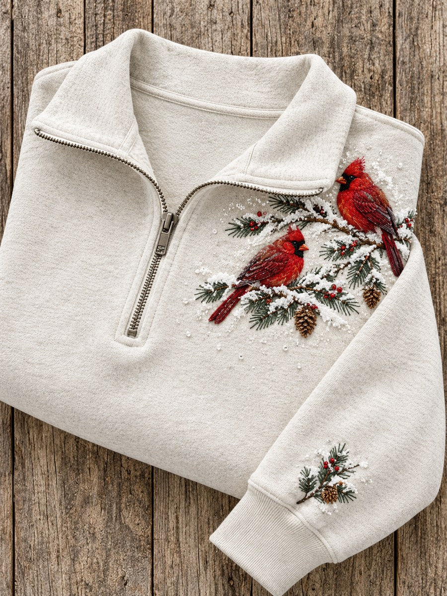 Women's Snowy Winter Red Cardinals On Branch Print Zip Up Sweatshirt gracestitchs
