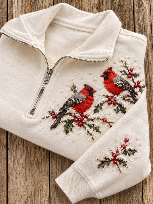 Women's Snowy Winter Red Cardinal On Branch Print Zip Up Sweatshirt gracestitchs