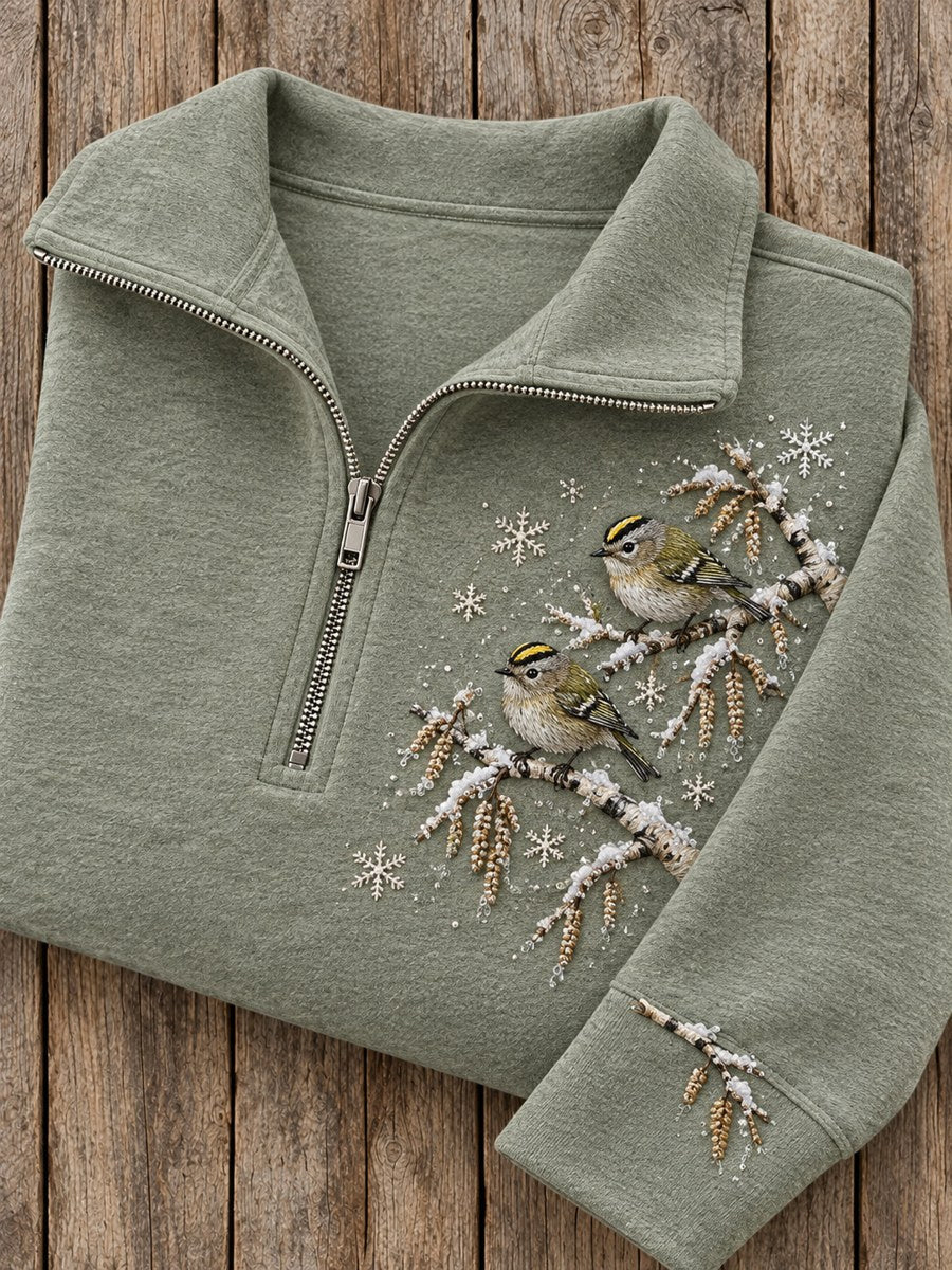 Women's Snowy Winter Goldcrest On Branch Print Zip Up Sweatshirt gracestitchs