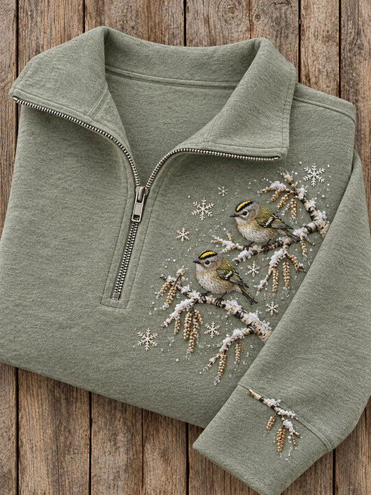 Women's Snowy Winter Goldcrest On Branch Print Zip Up Sweatshirt gracestitchs