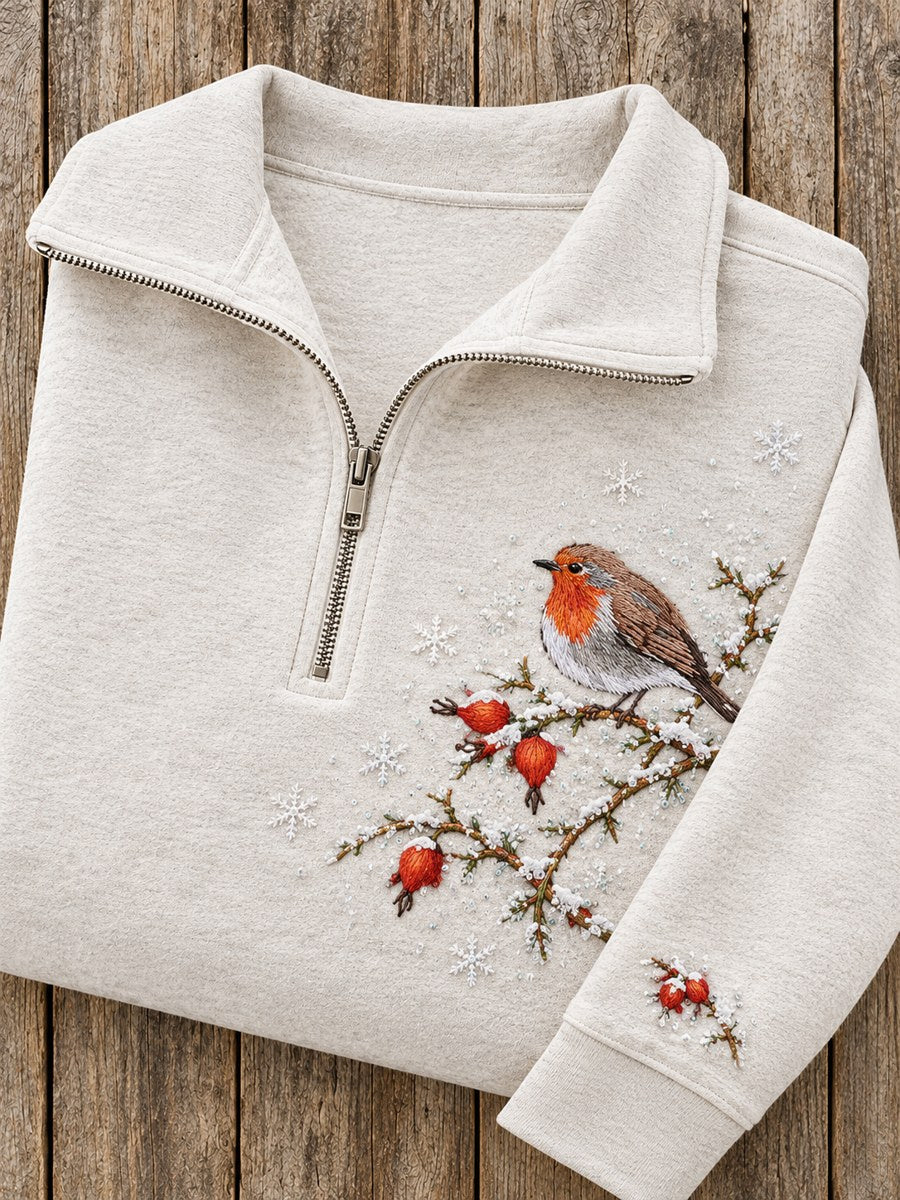 Women's Snowy Winter European Robin On Branch Print Zip Up Sweatshirt gracestitchs