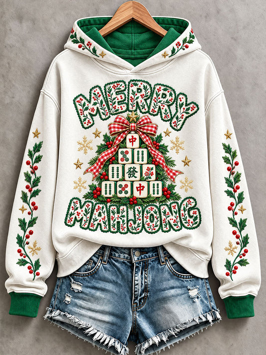 Women's Christmas Mahjong Print Casual Hoodie gracestitchs