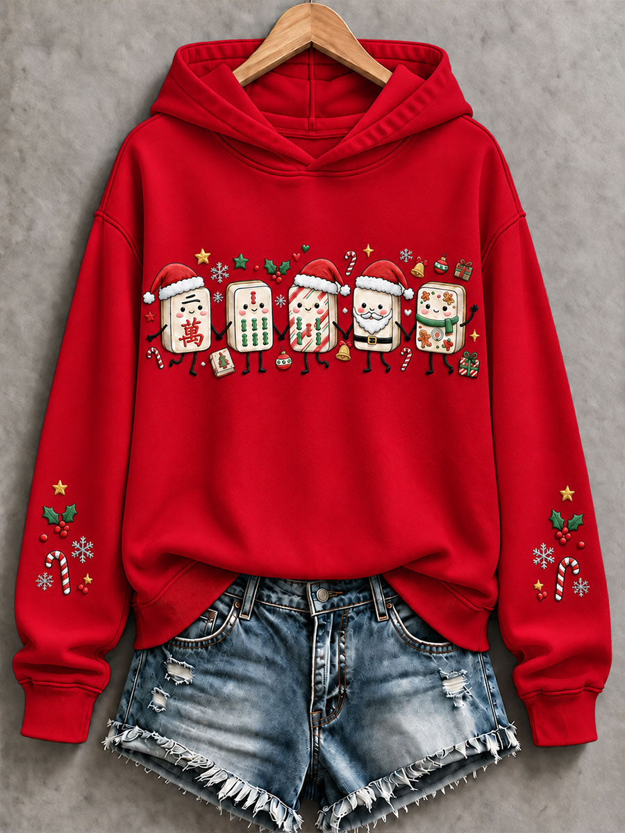 Women's Christmas Mahjong Print Casual Hoodie gracestitchs
