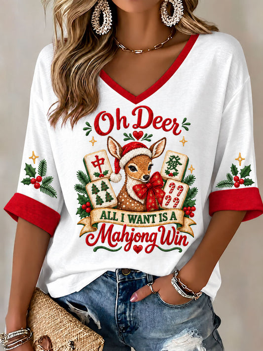 Women's Christmas Mahjong Print Casual T-Shirt gracestitchs