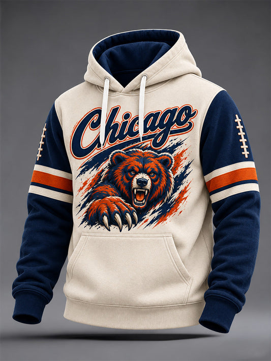 Men's Chicago Football Lover Bear Art Print Oversized Drop-Shoulder Hoodie with Pockets gracestitchs