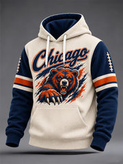 Men's Chicago Football Lover Bear Art Print Oversized Drop-Shoulder Hoodie with Pockets gracestitchs