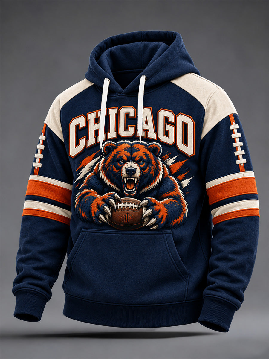 Men's Chicago Football Lover Bear Art Print Oversized Drop-Shoulder Hoodie with Pockets gracestitchs