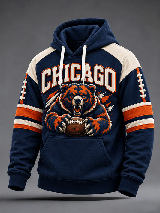 Men's Chicago Football Lover Bear Art Print Oversized Drop-Shoulder Hoodie with Pockets gracestitchs