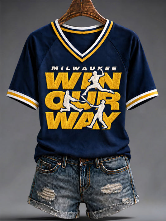 Women's Baseball Print V-Neck Tee gracestitchs