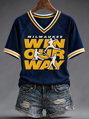Women's Baseball Print V-Neck Tee gracestitchs