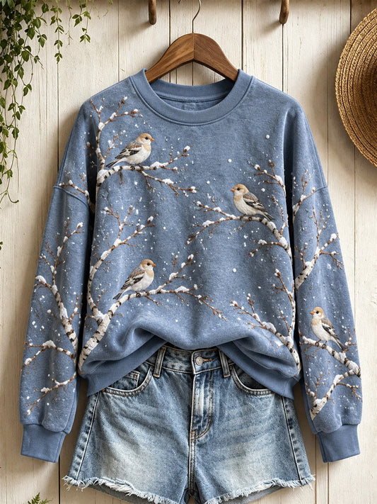 Women's Snowy Winter Snow Bunting Birds on Branches Print Sweatshirt gracestitchs