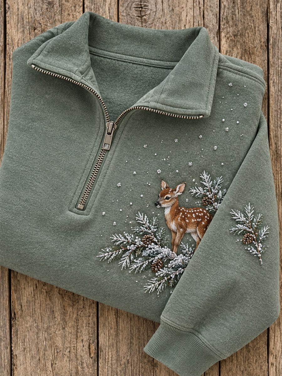 Women's Snowy Winter Forest Deer Print Zip Up Sweatshirt gracestitchs