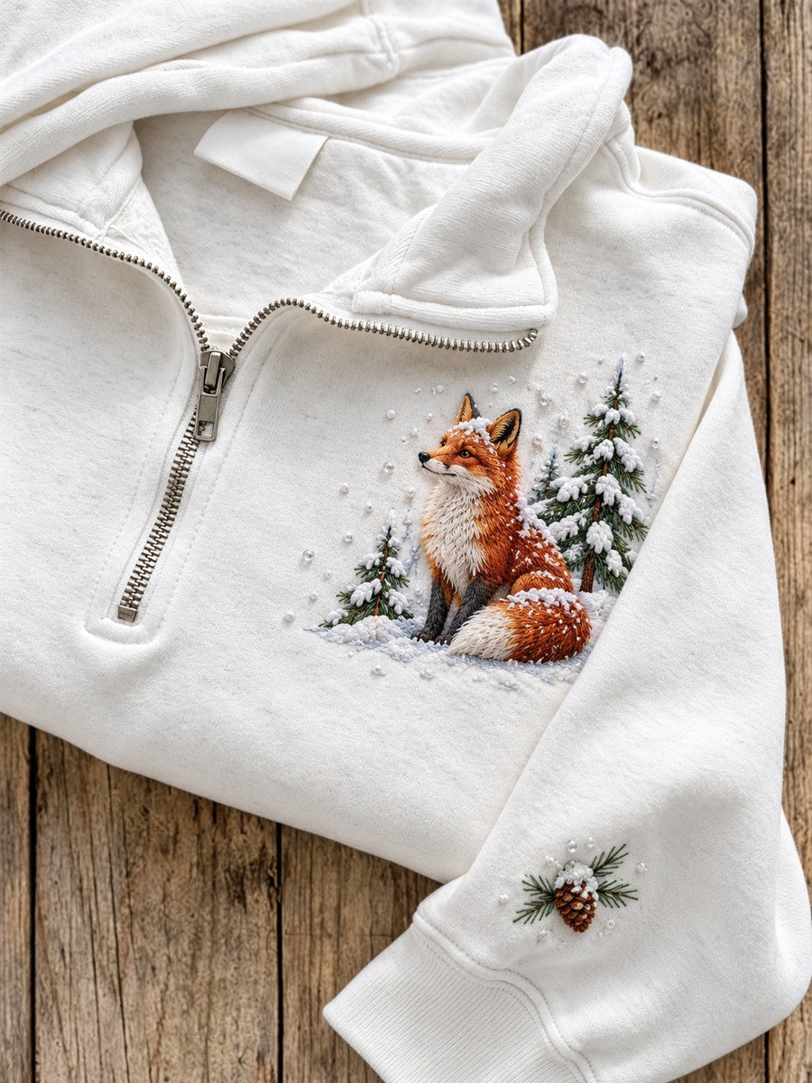 Women's Snowy Winter Forest Fox Print Zip Up Sweatshirt gracestitchs