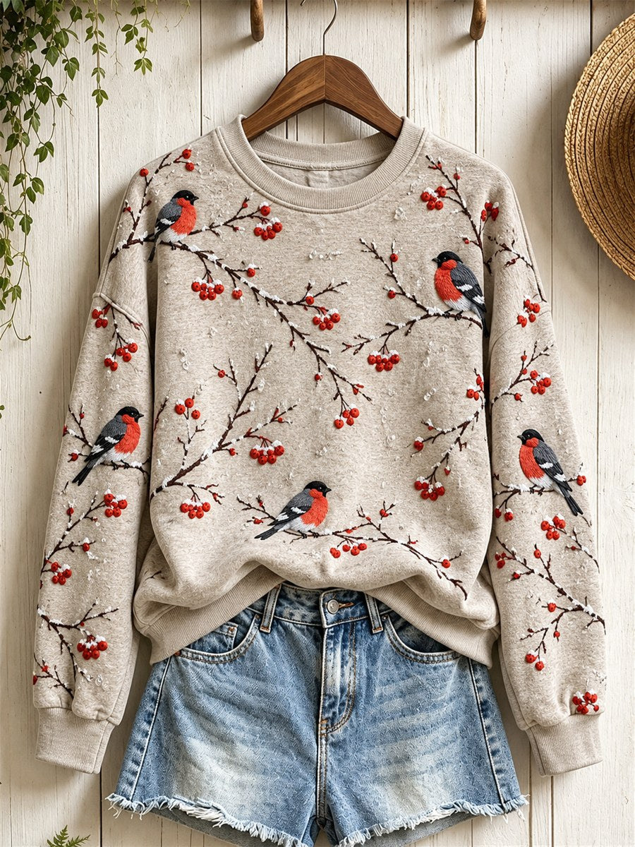 Women's Snowy Winter Eurasian Bullfinch Birds on Branches Print Sweatshirt gracestitchs