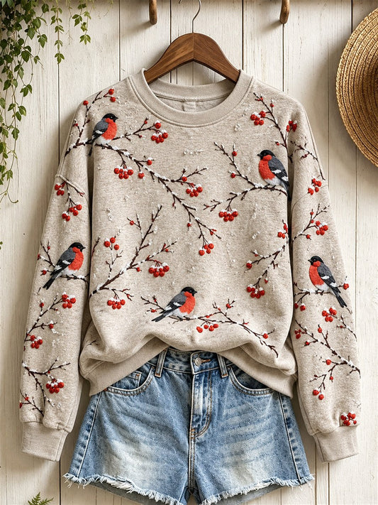 Women's Snowy Winter Eurasian Bullfinch Birds on Branches Print Sweatshirt gracestitchs